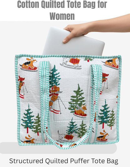 Cotton Quilted Tote Bag for Women – Large Beach & Travel Tote with Zipper, Reusable Grocery Bag