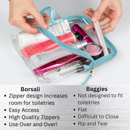 BORSALI TSA-Approved Quart-Sized Bag for Carry-On Travel - One (1) Quart Clear Toiletries, Cosmetic and 3-1-1 Liquids Toiletry Bag - Light Blue
