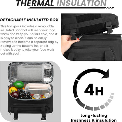 Lunch Backpack, Insulated Cooler Backpack Removable Lunch Box for Men Women, 15.6 Inches RFID Blocking Laptop Backpack Lunch Bag for Work Travel Black