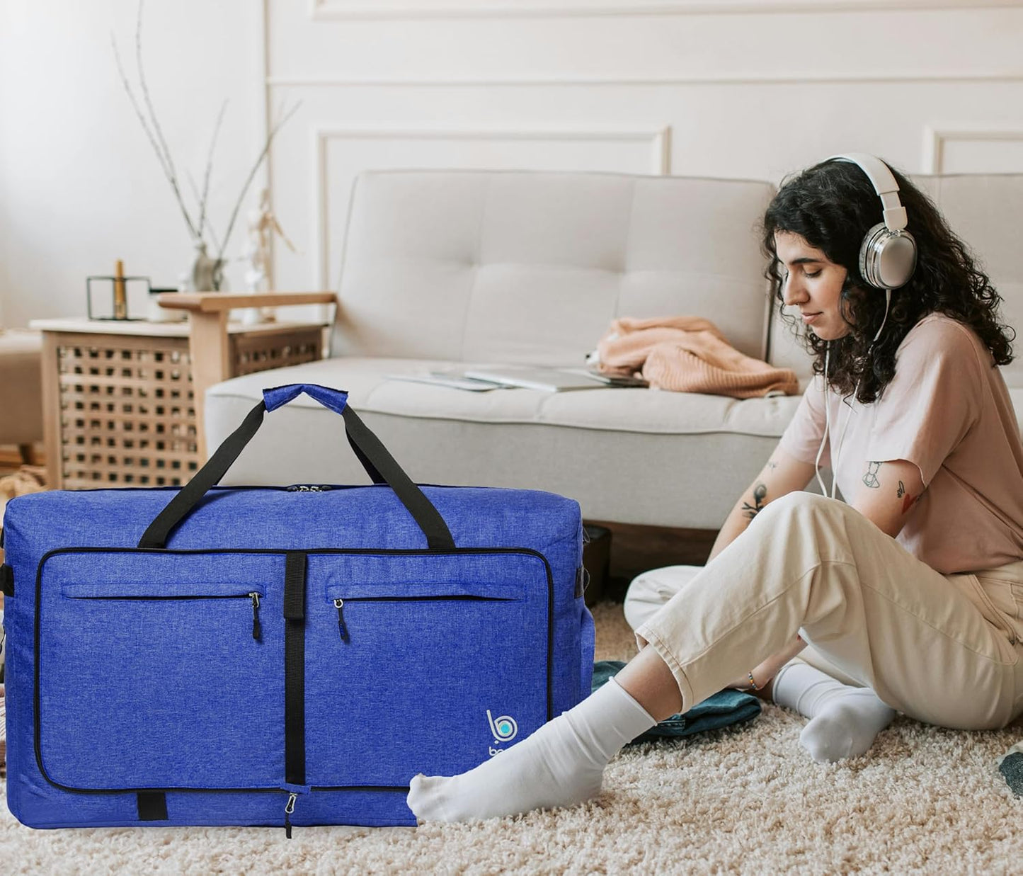 Bago Large Foldable Duffel Bags for Traveling Women & Men - 100L Packable Duffle Bag for Travel with Shoe Compartment - Water Repellant, Heavy Duty, Lightweight Folding & Collapsible (SnowDepBlue)