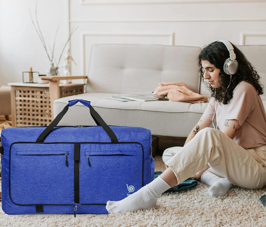 Bago Large Foldable Duffel Bags for Traveling Women & Men - 100L Packable Duffle Bag for Travel with Shoe Compartment - Water Repellant, Heavy Duty, Lightweight Folding & Collapsible (SnowDepBlue)