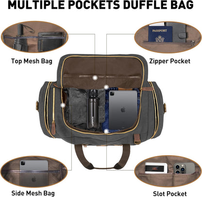 Vintage Canvas Duffle Bag, 50L Genuine Leather Travel Duffel Backpack Multifunctional Overnight Weekender Bag with Shoes Compartment Men (Black)