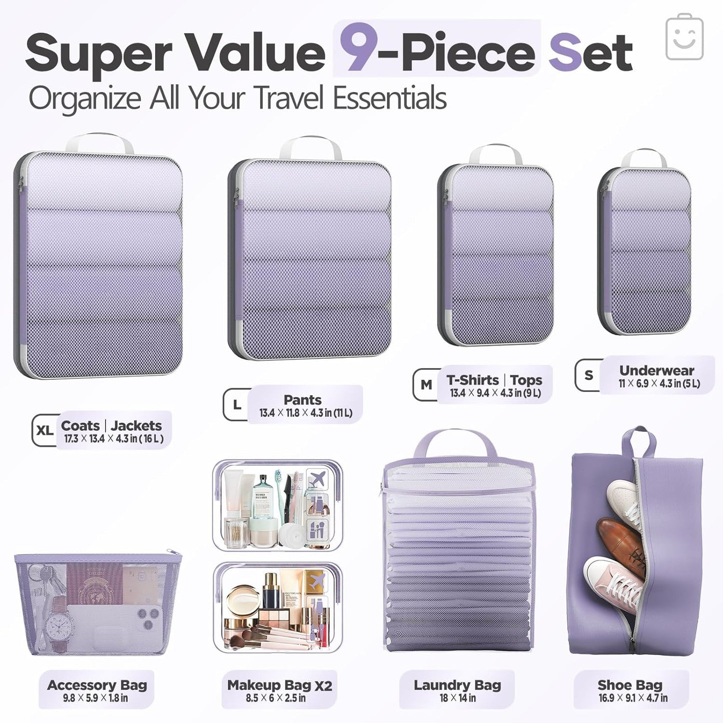 Veken 9/11 Set Compression Packing Cubes for Travel Essentials,Compressible Expandable Large Luggage Suitcase Organizer Bags for Clothing,Durable Space Saver Storage Bags(Purple Gray)