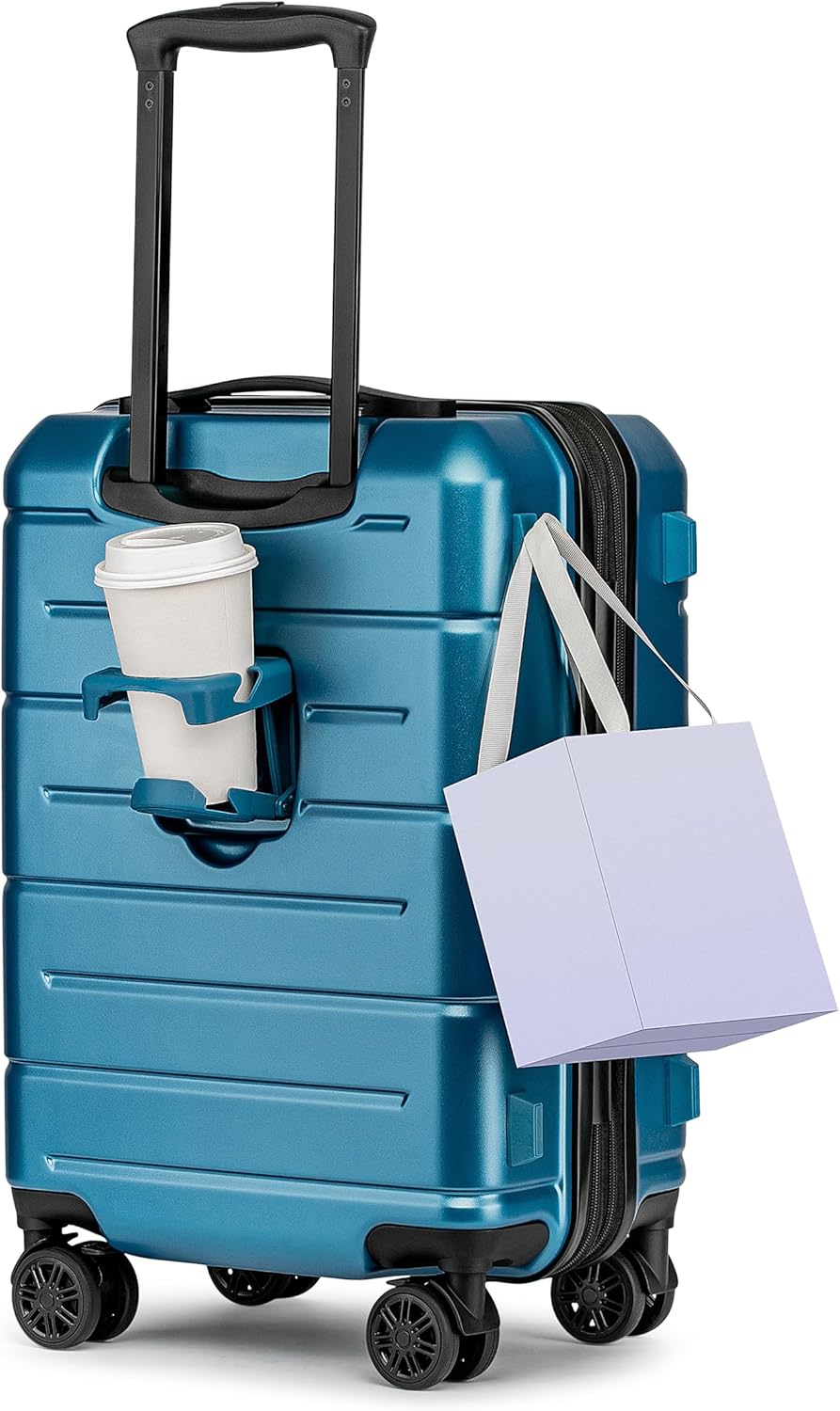 KYME Hardside Expandable Carry On Luggage 22x14x9 Airline Approved 20 Inch Hardshell Carry On Suitcase with Wheels TSA Lock Small Travel Rolling Luggage with Cup Holder for Women Men Lt Blue