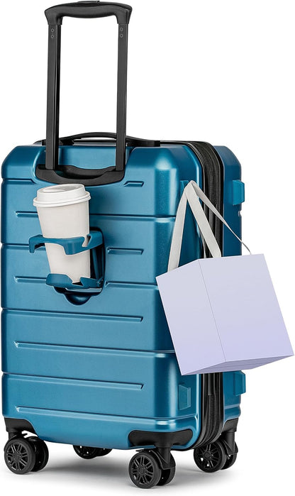 KYME Hardside Expandable Carry On Luggage 22x14x9 Airline Approved 20 Inch Hardshell Carry On Suitcase with Wheels TSA Lock Small Travel Rolling Luggage with Cup Holder for Women Men Lt Blue