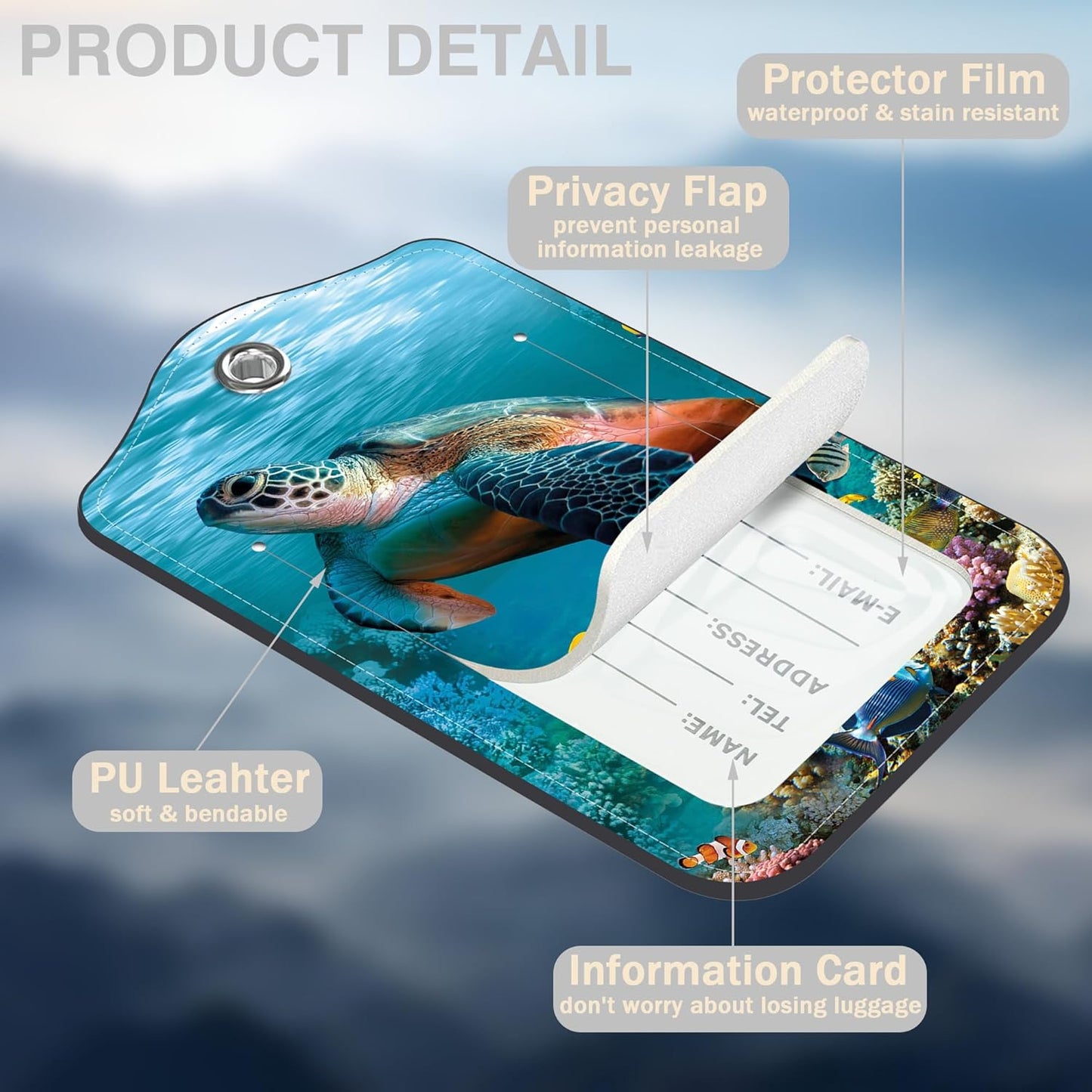 2 Pcs Sea Turtle Luggage Tags for Suitcases PU Leather Baggage Tags Name ID Label with Privacy Cover and Stainless Steel Loop for Men Women Travel Bag Suitcase