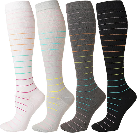 Kickticks 4 Pairs Compression Socks for Woman & Man Unisex 20-30mmHg Knee high Plus Size Wide Calves for Flying Running…