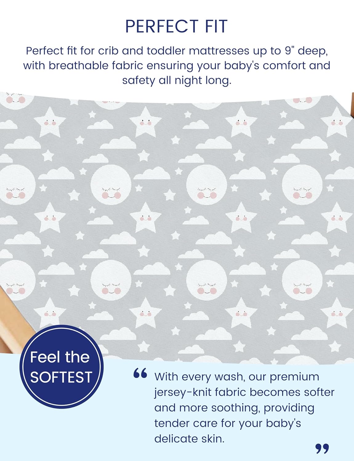 TotAha Premium Stretchy Crib Sheets (2-Pack)-Hypoallergenic, Silky Comfort, Buttery Soft, Calming Effect, All-Season Jersey-Knit Sheets, 9'' Extra Deep Pocket, Moon & Grey Sky