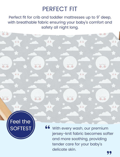 TotAha Premium Stretchy Crib Sheets (2-Pack)-Hypoallergenic, Silky Comfort, Buttery Soft, Calming Effect, All-Season Jersey-Knit Sheets, 9'' Extra Deep Pocket, Moon & Grey Sky