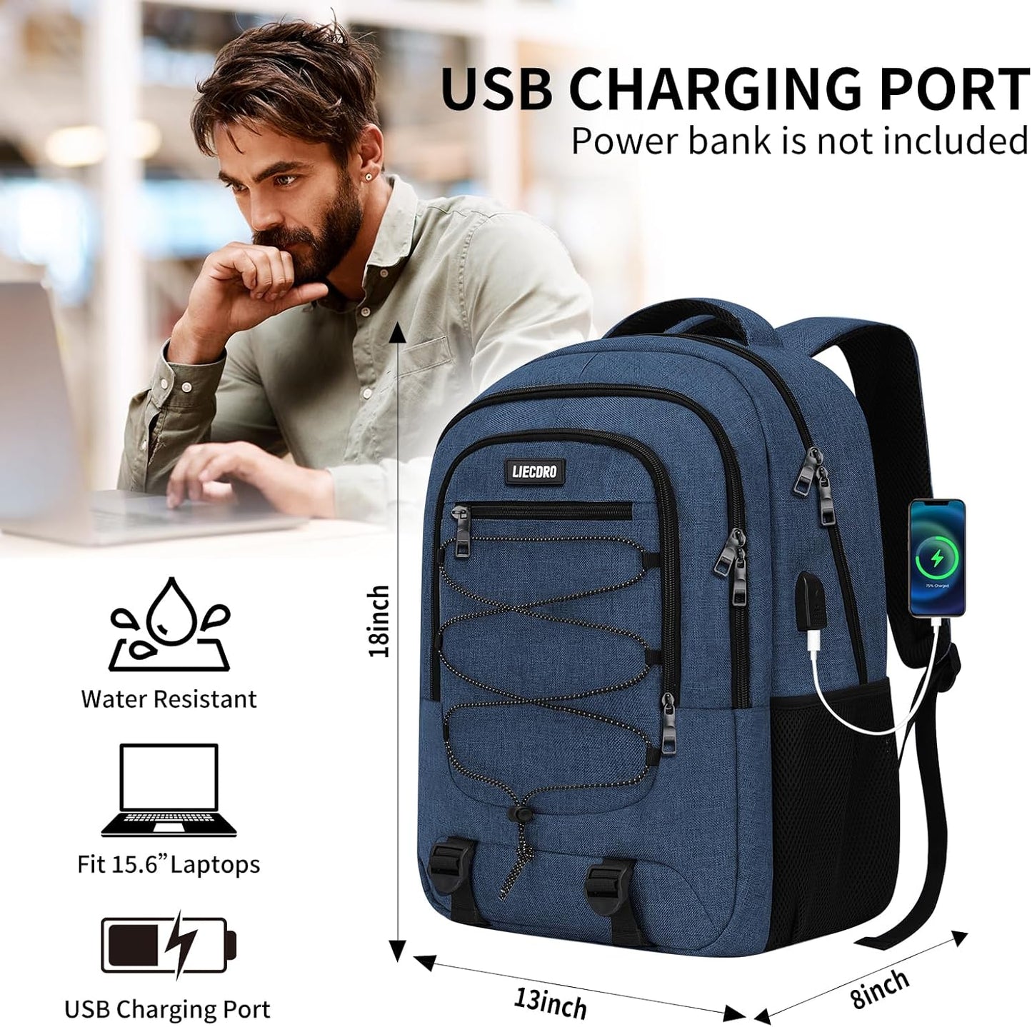 Blue Backpack for Men Women, Backpack for School, School Backpacks for Boys Girls Teens, 15.6 inch Laptop Back Pack with USB Charging Port, Large College Book Bag, Business Work Travel Bookbag