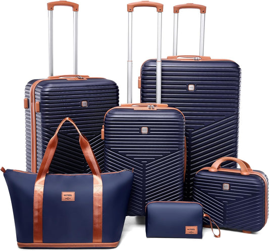 Hoteel 6 Piece Luggage Set (4-YEAR WARRANTY) Carry on ABS+PC Hard Shell Suitcase with Spinner Wheels & TSA Lock (Dark Blue)