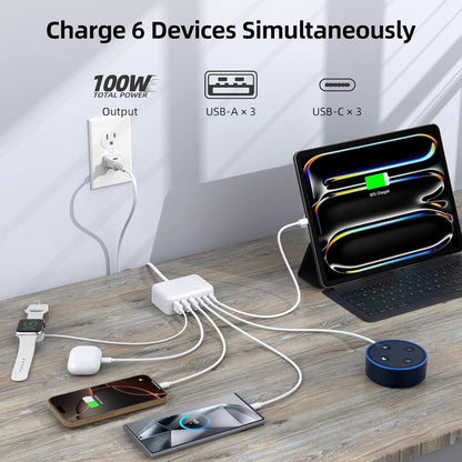 USB C Charger Block, 100W GaN 6 Port PD USB C QC USB A Wall Charger Adapter Plug Cube, Super Fast Type C Charging Station Hub for iPhone 16 15 14 13 12 Pro Max iPad Samsung Pixel 5ft Extension Cord