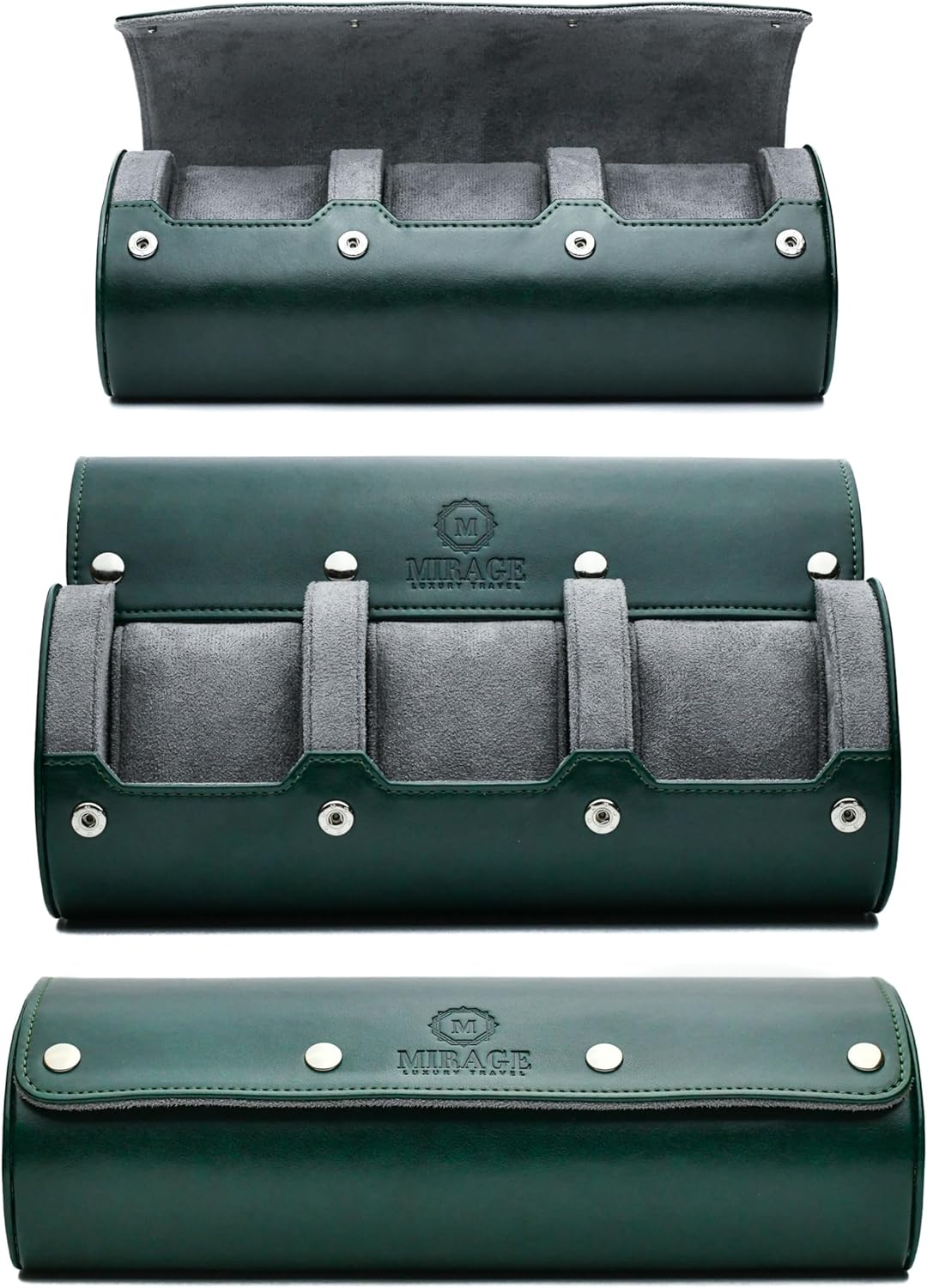 Watch Cases for Men – Travel Watch Roll Case – 3 Watch Travel Case Holder Organizer and Display - Royal Green Vegan Leather