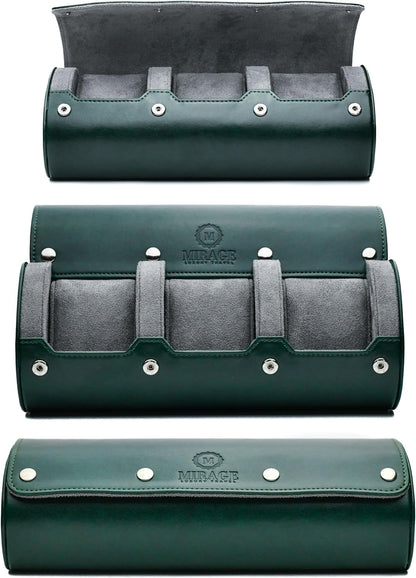Watch Cases for Men – Travel Watch Roll Case – 3 Watch Travel Case Holder Organizer and Display - Royal Green Vegan Leather