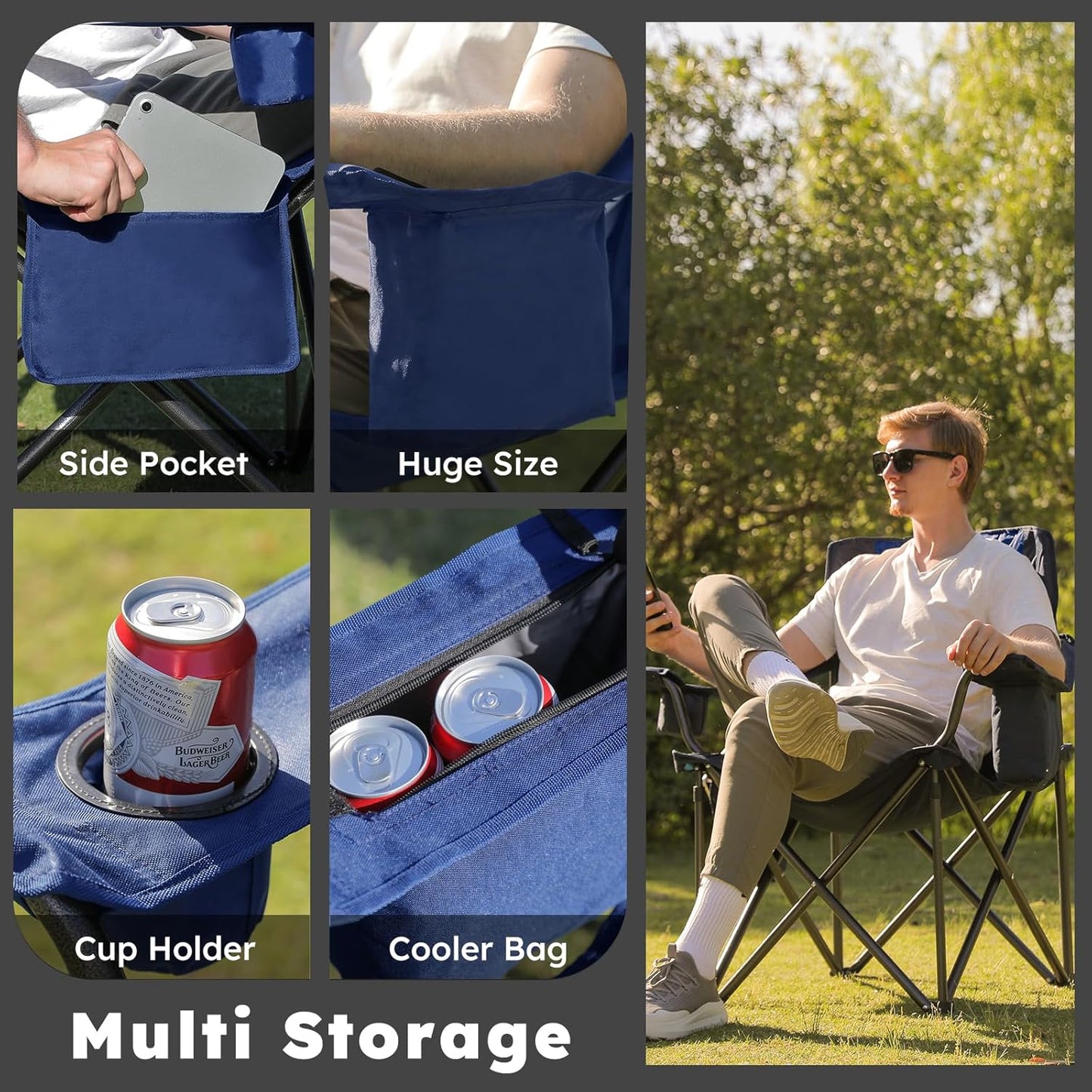 Oversized Folding Camping Chairs - 450 LBS Support Heavy Duty Camp Chair with Padded Cushion, Portable Outside Chairs with Carry Bag，Cooler, Cup Holder for Outdoor, Lawn, Sports - Blue