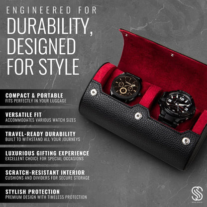 2 Watch Travel Case for Men – Bold Faux Leather Organizer for Smart & Luxury Timepieces - Portable Travel Watch Holder - Ideal Gift for Men with Premium Gift box (Black & Wine)