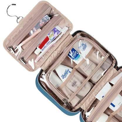 NISHEL Travel Toiletry Bag for women, Portable Hanging Organizer for Travel-Sized Shampoo, Conditioner, Brushes Set, Makeup Accessories, Medium Size, Lake-Blue