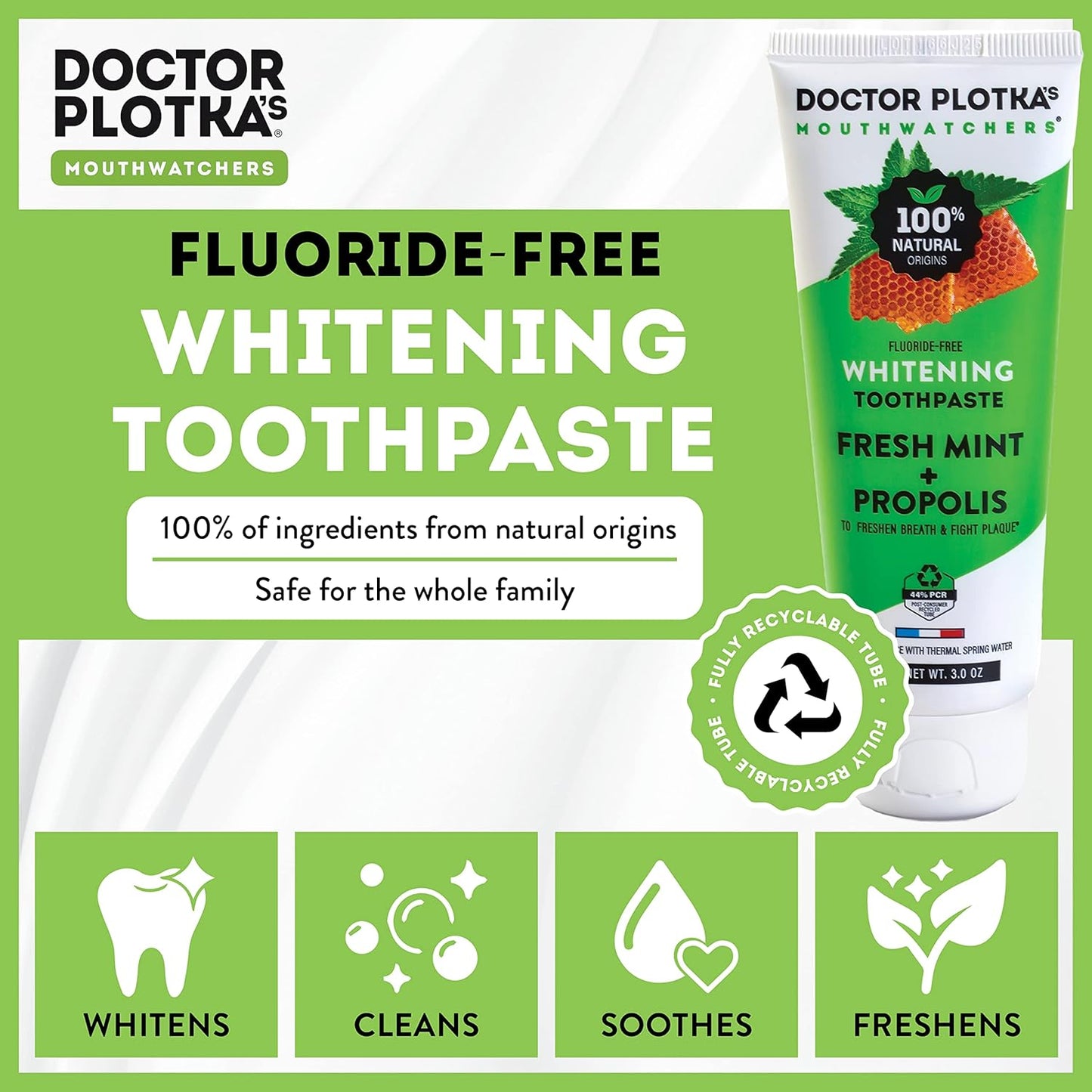 MOUTHWATCHERS Whitening Fluoride Free Naturally Sourced Toothpaste, 2 Tubes, 3 oz Each, for Sensitive Teeth and Gums, Fresh Organic Mint and Organic Propolis, by Dr. Plotka's