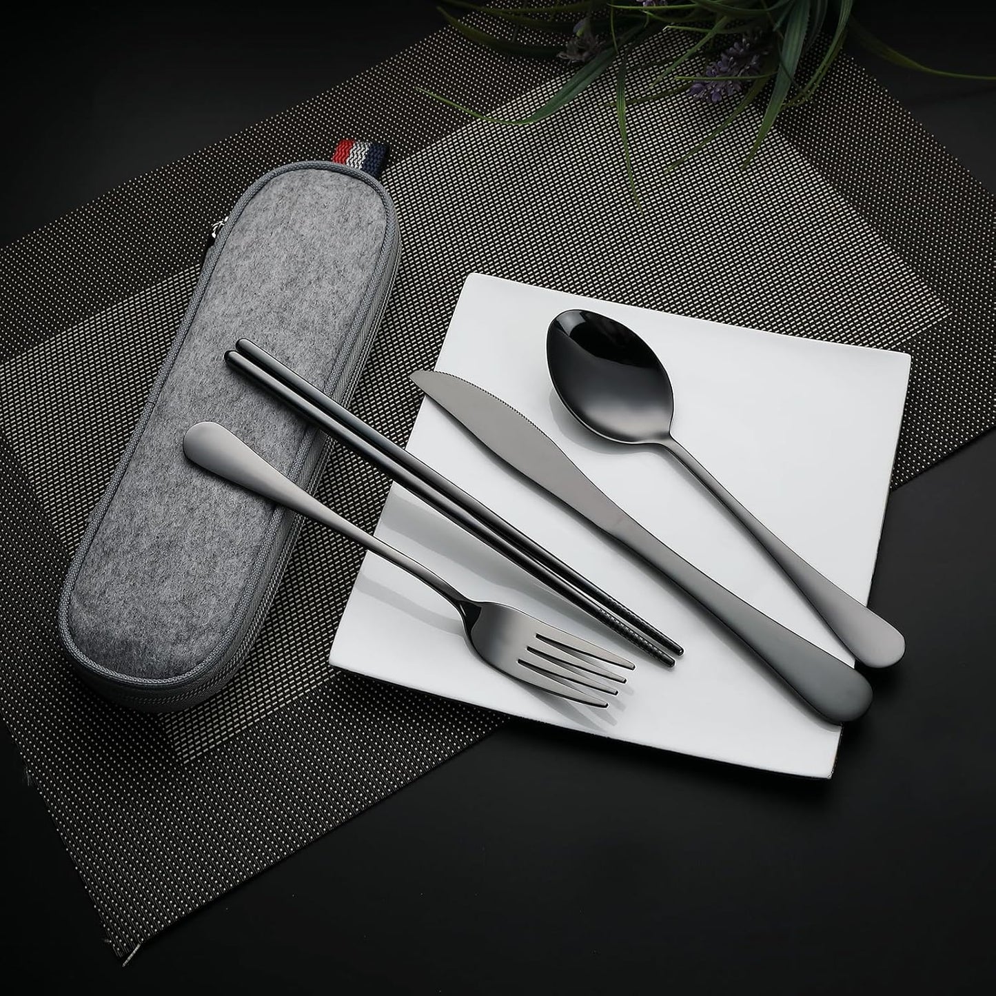 DEVICO Camping Utensils, Portable Travel Utensils with Case, Stainless Steel Reusable Silverware for Lunch Adult, 5Pcs Cutlery Set Includes Knife Spoon Fork Chopsticks and Case (Black)