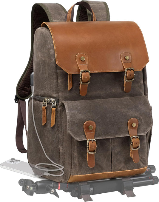 Padwa Lifestyle Coffee Camera Backpack - Weather Resistant Waxed Memory Canvas Camera Backpacks for Photographers,Multi DSLR SLR Camera Bag with 16” Laptop & Lens Compartment and Tripod Holder