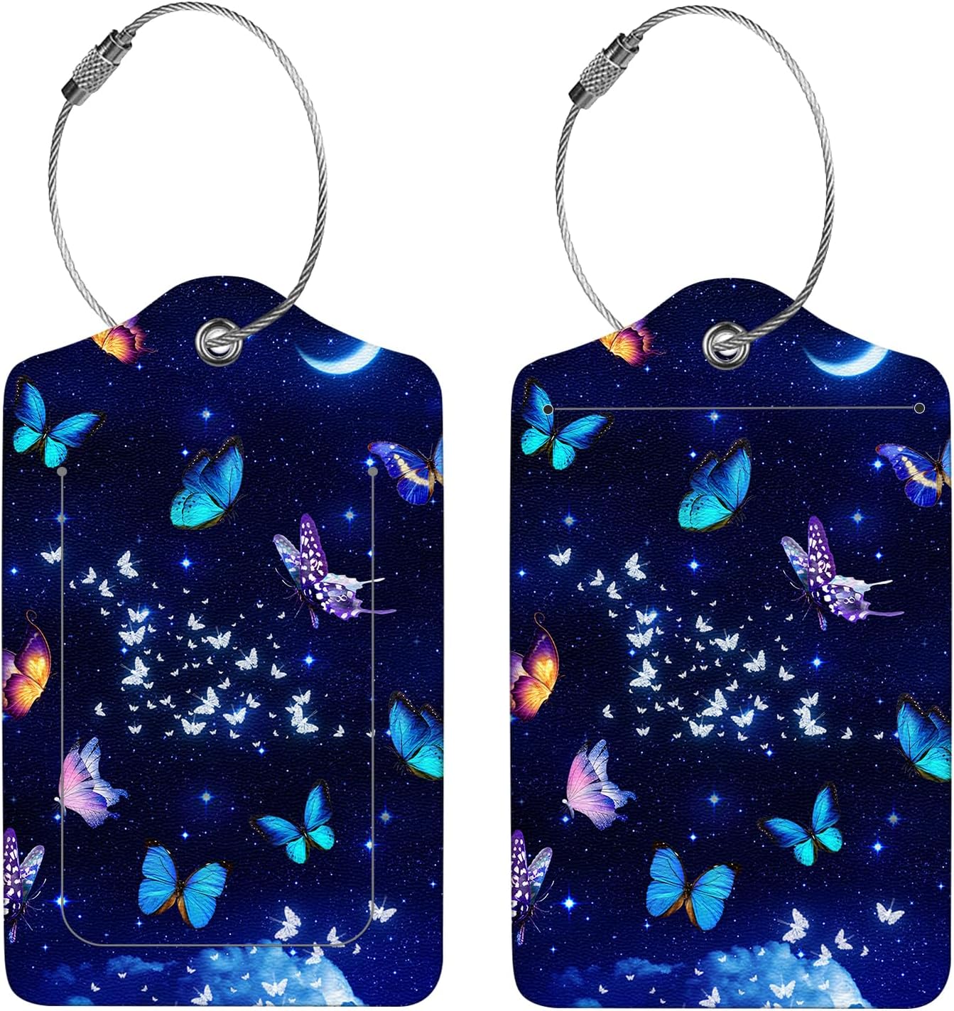 2 Pcs Luggage Tags for Suitcases, PU Leather Cruise Ship Luggage Tags with Privacy Cover Label Address Card and Durable Metal Ring Suitable for Men Women Handbags Backpacks,Starry Night Butterfly
