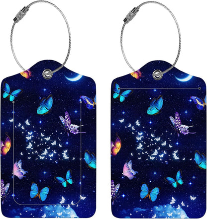 2 Pcs Luggage Tags for Suitcases, PU Leather Cruise Ship Luggage Tags with Privacy Cover Label Address Card and Durable Metal Ring Suitable for Men Women Handbags Backpacks,Starry Night Butterfly