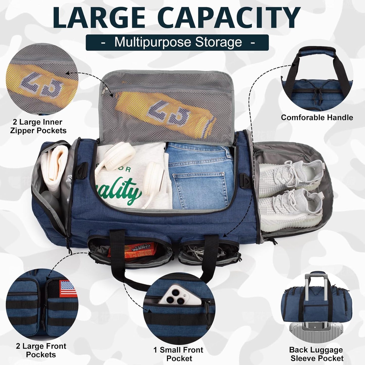 Tactical Gym Bag for Men，50L Large 3 in 1 Sports Duffle Bag with Shoes Compartment for Travel,Water Resistant Travel Backpack Weekender Overnight Bag with Wet Pocket for Women