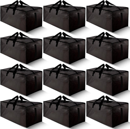 12 Pack Large Strong Moving Bags with Zippers & Carrying Handles - Water-Resistant - Heavy Duty Storage Tote for Space Saving Moving Storage, Fold Flat, Alternative to Moving Box (Black)