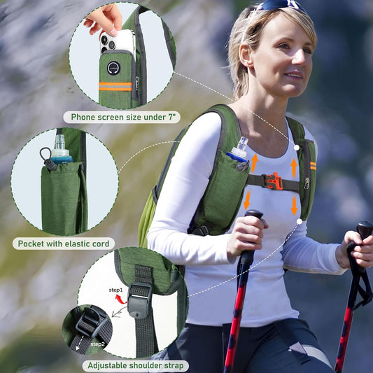 FIORETTO 15L Hiking Backpack for Women Men Mini Packable Backpack Lightweight Small Daypack for Camping Travel Outdoor, Green