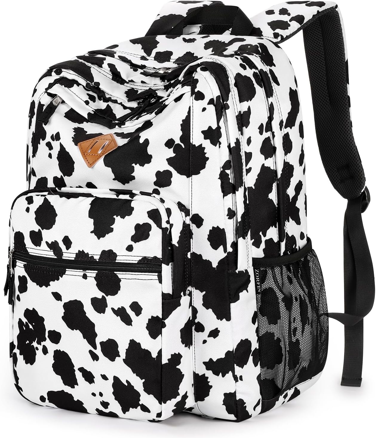 ZORFIN 26L Backpack for College, and Travel: Water Resistant Bookbag - Cow Print Black
