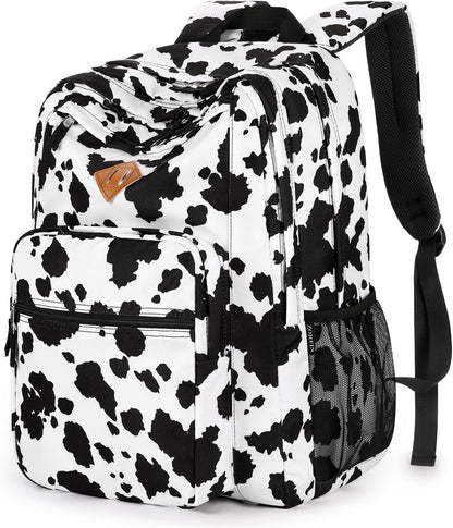 ZORFIN 26L Backpack for College, and Travel: Water Resistant Bookbag - Cow Print Black