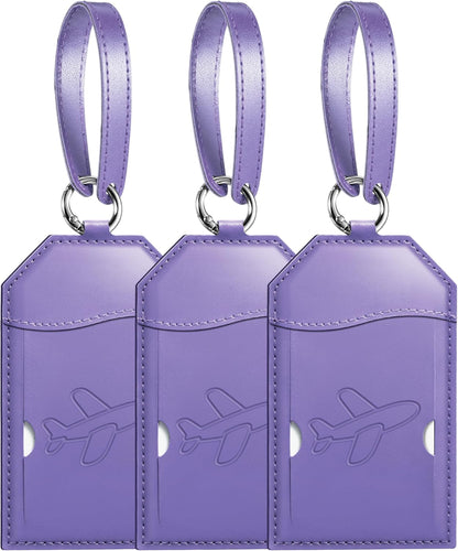 Mayski Luggage Tags for Suitcases 3 Pack Suitcase Bag Tags, TSA Approved, Metal Buckle, Bag Tags with Name ID Card Travel Essentials, Purple Airplane