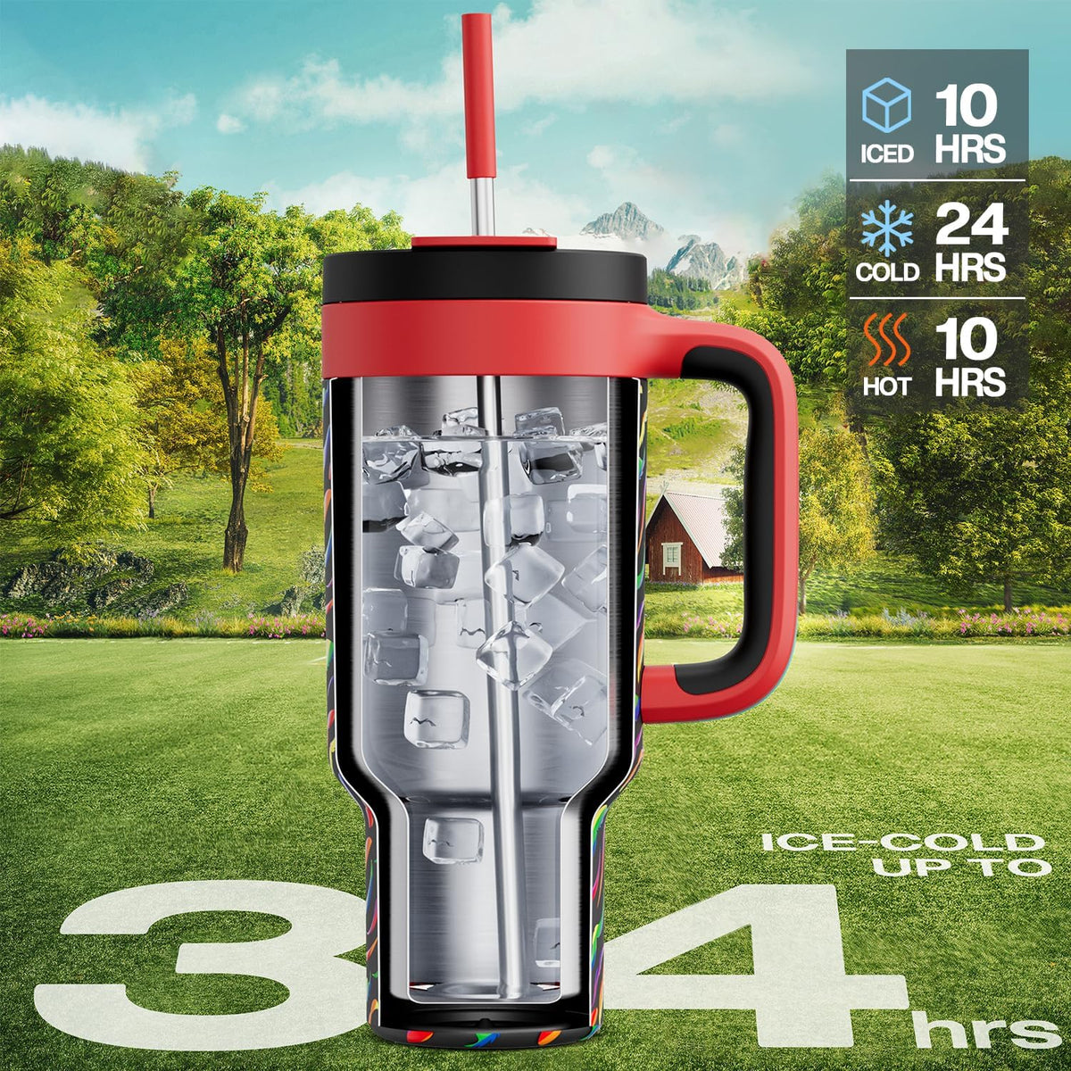 POWCAN 40 oz Tumbler with Handle, 2-in-1 Straw and Sip Lid, Leakproof, Dishwasher Safe, Insulated Stainless Steel Travel Coffee Mug, Keeps Cold for 34 Hours, Fits in Car Cup Holder (Rainbow Whiskers)