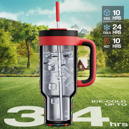 POWCAN 40 oz Tumbler with Handle, 2-in-1 Straw and Sip Lid, Leakproof, Dishwasher Safe, Insulated Stainless Steel Travel Coffee Mug, Keeps Cold for 34 Hours, Fits in Car Cup Holder (Rainbow Whiskers)