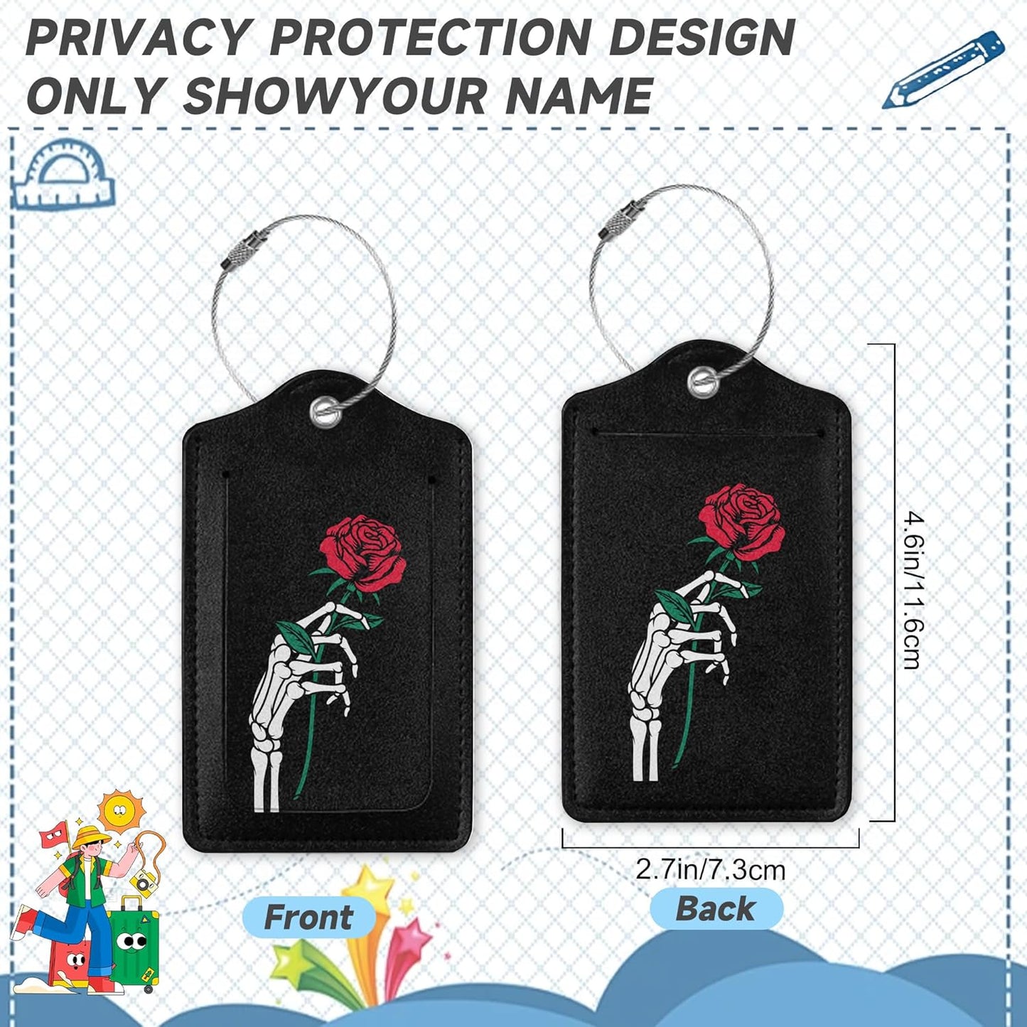 2 Pack Luggage Tag for Suitcase,Skeleton Hand Holding Rose Leather Bag Tags Identifiers Privacy Cover ID Label with Durable Steel Loop for Women Men Kids Girls Travel