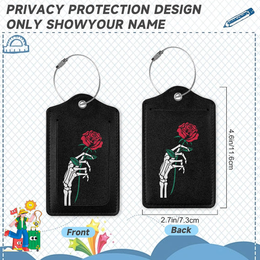 2 Pack Luggage Tag for Suitcase,Skeleton Hand Holding Rose Leather Bag Tags Identifiers Privacy Cover ID Label with Durable Steel Loop for Women Men Kids Girls Travel