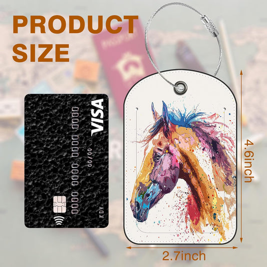 2 PCS Leather Luggage Tags for Suitcase Watercolor Horse Travel Luggage Tag with Privacy Flap Name ID Label and Metal Loop for Travel Bag Suitcase