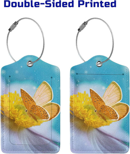 2 Pack Beautiful Sky Blue Luggage Tags for Suitcases, Pretty Yellow Butterfly on White Flower Pattern Unique Leather Suitcase Tags Identifiers with Privacy Name Address Labels for Women Girls Travel