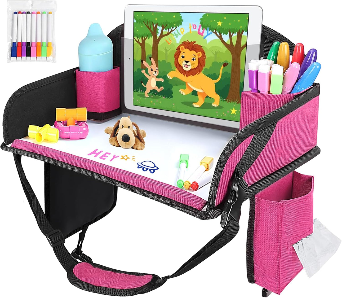 Kids Travel Tray for Airplane - Toddler Car Seat Table Tray, Road Trip Essentials for Boys & Girls, Carseat Lap Desk for Kids Road Trip Activities (Pink)
