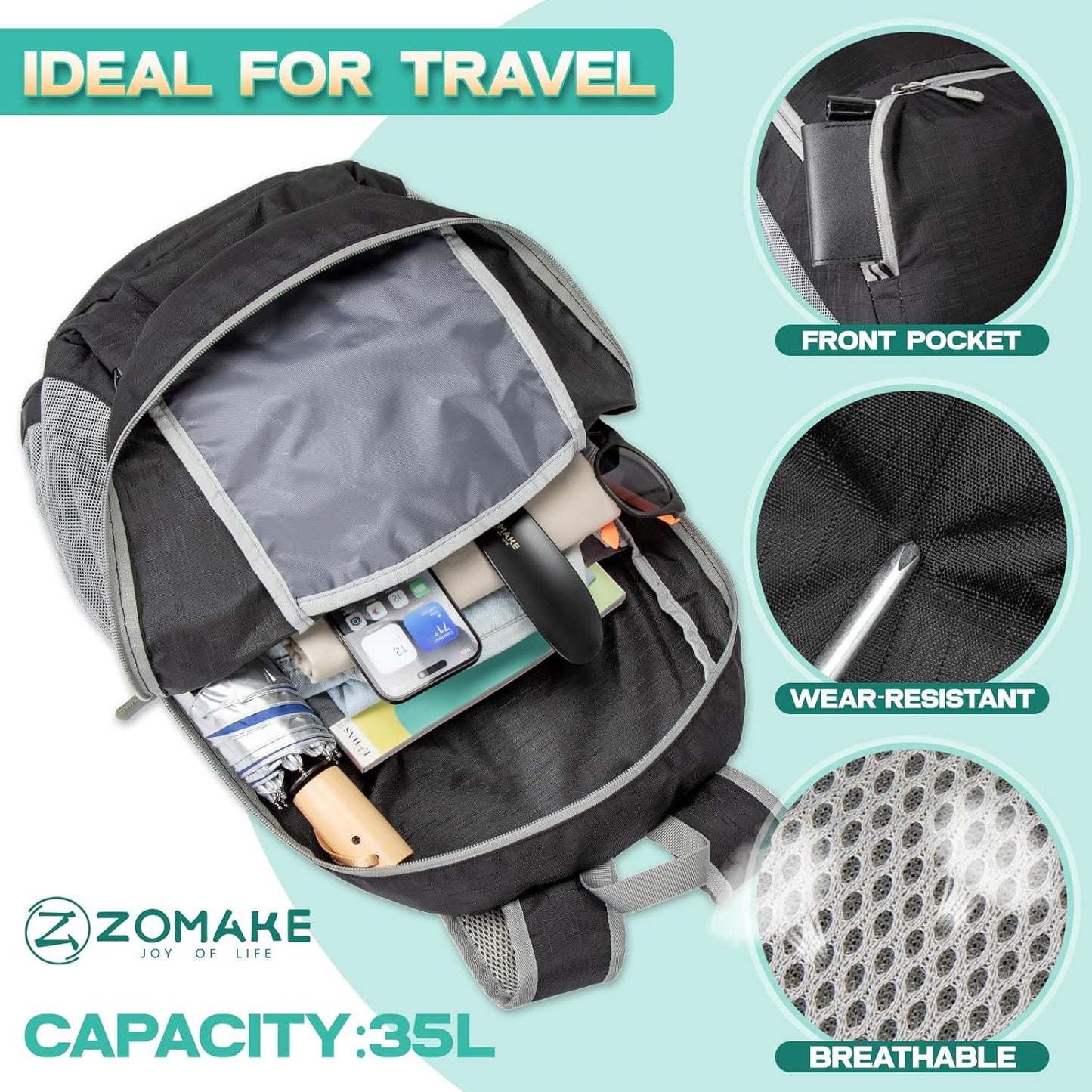 ZOMAKE Lightweight Packable Backpack 35L, Light Foldable Backpacks Water Resistant Collapsible Hiking Bag, Compact Folding Day Pack for Travel Camping(Graphite black)