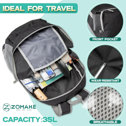 ZOMAKE Lightweight Packable Backpack 35L, Light Foldable Backpacks Water Resistant Collapsible Hiking Bag, Compact Folding Day Pack for Travel Camping(Graphite black)