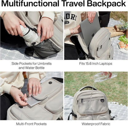 mixi Travel Laptop Backpack, Lightweight Durable School Bookbag Men Woman 15.6" Computer Bag, Water Resistant Outdoor Hiking Backpacks With Multifunction Pockets, 17 Inch, Beige