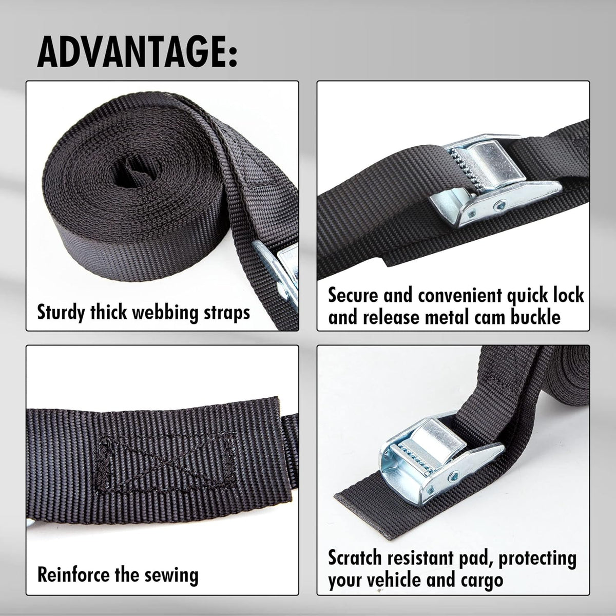 Cartman 1" x 15'Lashing Straps with Adjustable Cam Buckle Cargo Tie Down with Protective Pad, 4 Pack, Black