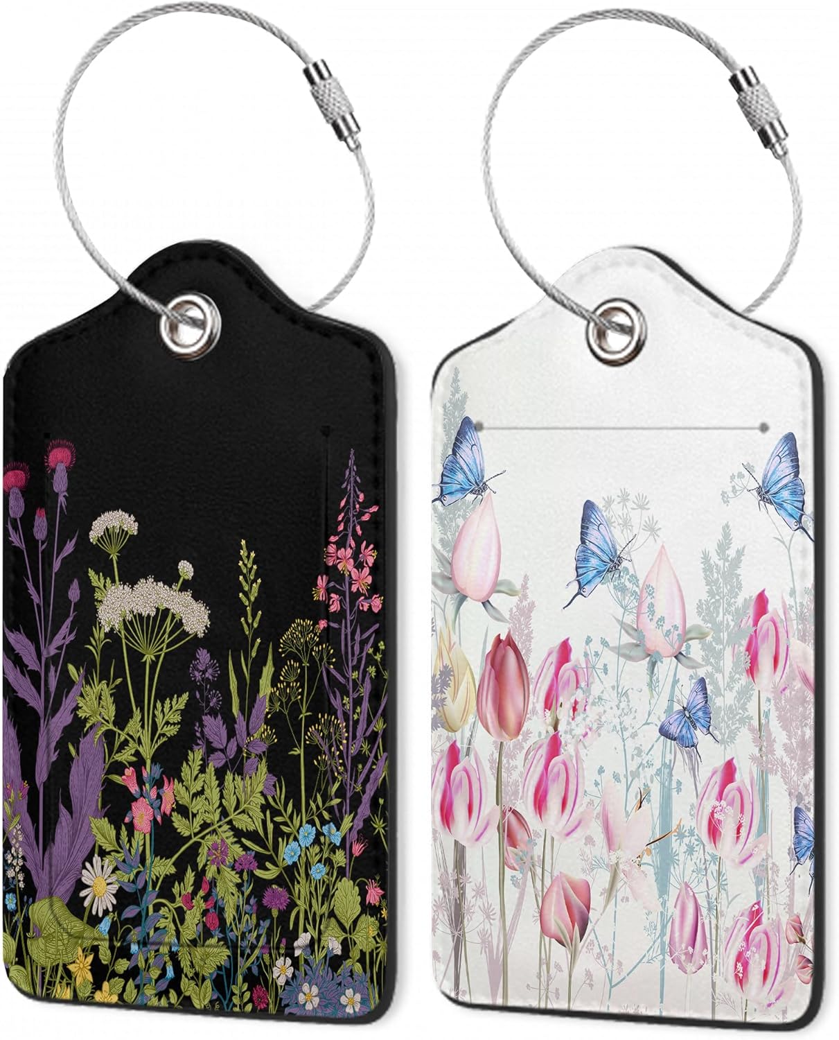 Butterfly Luggage Tags for Suitcase,Colorful Pink Tulip Flowers Luggage Tags of Set 2 Leather Identifiers Privacy Cover with Stainless Steel Loop for Women Men Travel Bag Suitcase