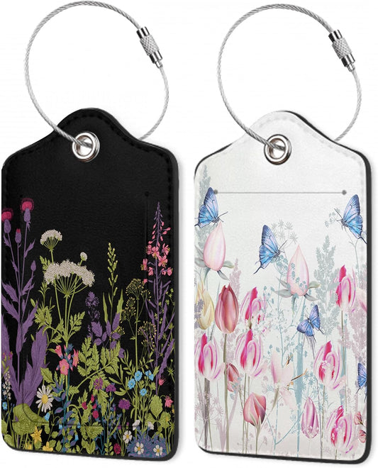 Butterfly Luggage Tags for Suitcase,Colorful Pink Tulip Flowers Luggage Tags of Set 2 Leather Identifiers Privacy Cover with Stainless Steel Loop for Women Men Travel Bag Suitcase
