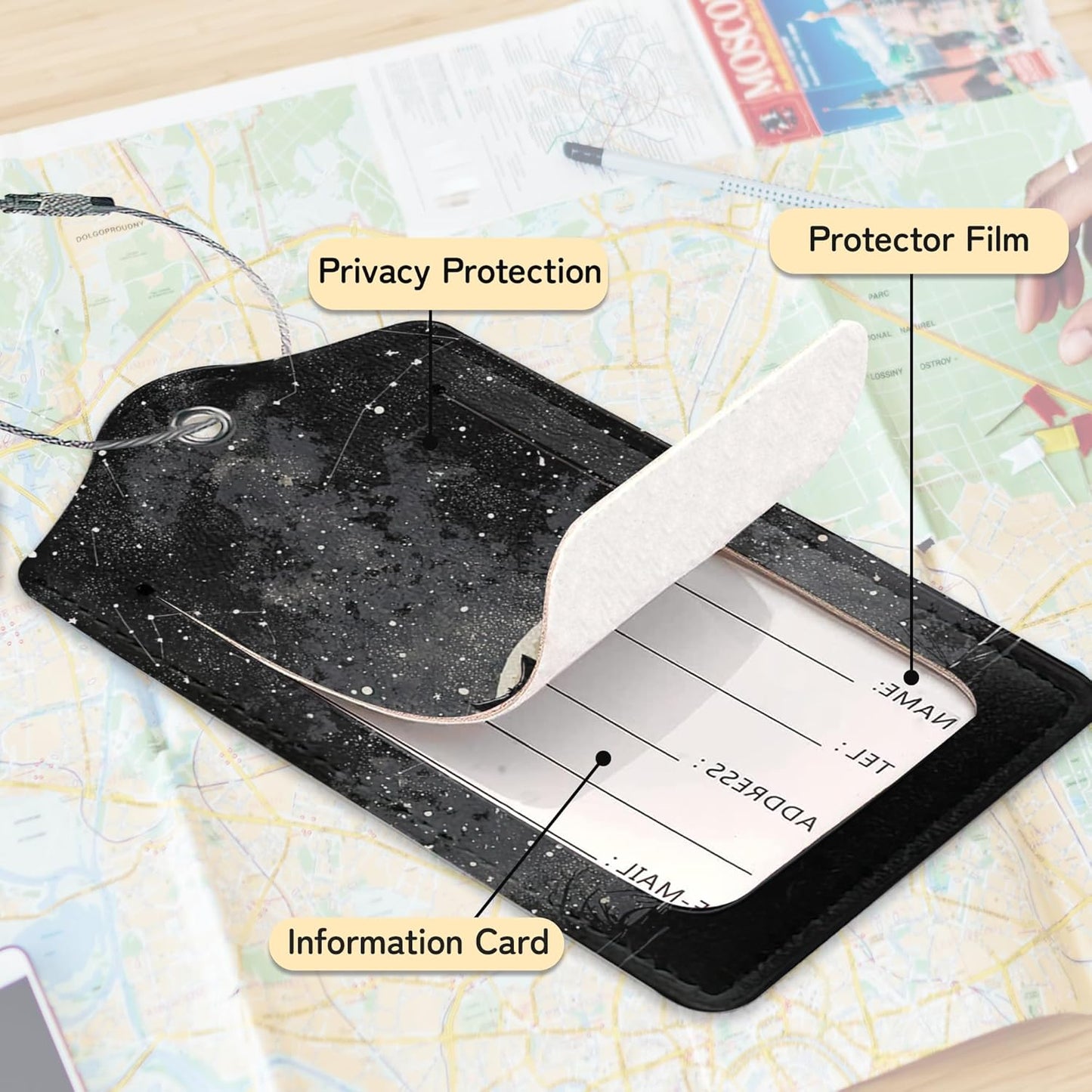 3 Pack Black Cat Luggage Tags for Suitcases, Moon Night Cute Leather Name Tag with Privacy Cover with Stainless Steel Loops, Travel ID Bag Tags for Women Men