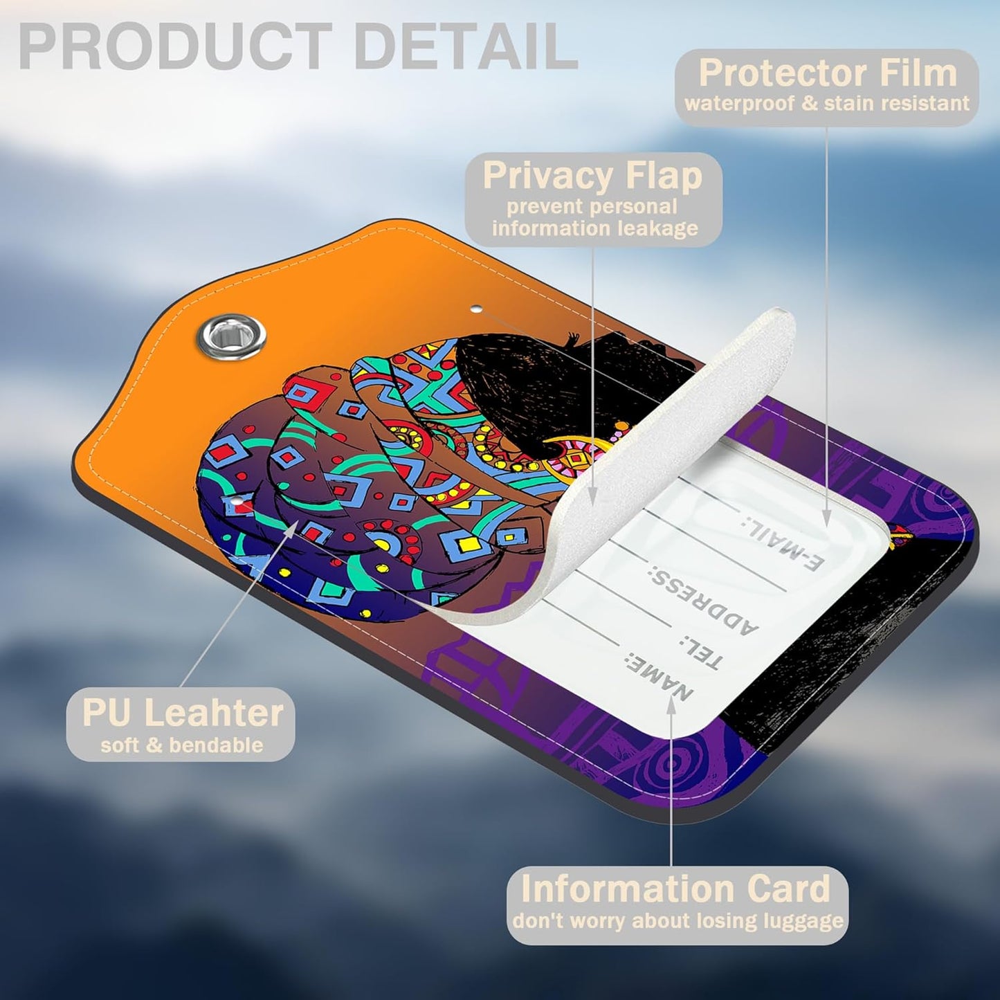 Set of 2 Luggage Tags for Suitcases Silhouette of African Woman Leather Suitcase Tags Identifiers with Privacy Name Address Label and Stainless Steel Loop for Women Men Travel Luggage Accessories