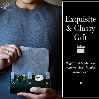 2 Watch Travel Case for Men- Watch Roll Holder and Display - Royal Green Swiss Motif Vegan Leather