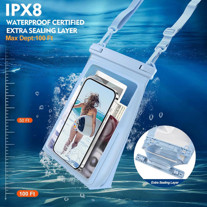 Large Waterproof Phone Pouch Floating, [Double Seals] IPX8 Waterproof Pouch for Beach Vacation, Cell Phone Dry Bag for iPhone Samsung Google All Phones Light Blue