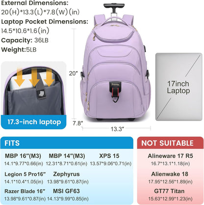 Boavan Rolling Backpack for Women, 17.3 Inch Wheeled Laptop Backpack,Large Travel CarryOn Bag for Teachers College Students, USB Charging Port Waterproof Business for Airplane Overnight Luggage，Purple
